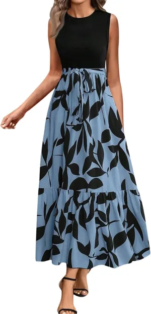 Finelylove Long Maxi Dresses for Women 2025 Boho Floral Tie Belted Patchwork Empire Waist Sleeveless Modest Flowy Dress