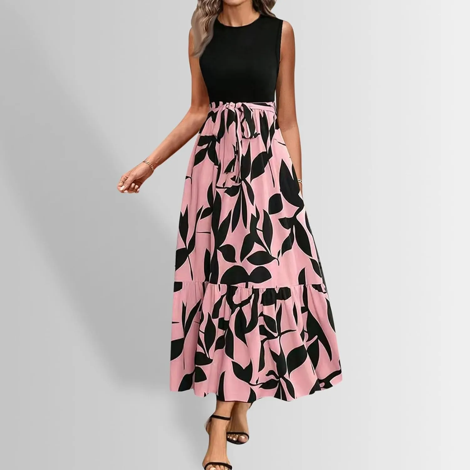 Finelylove Long Maxi Dresses for Women 2025 Boho Floral Tie Belted Patchwork Empire Waist Sleeveless Modest Flowy Dress
