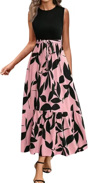 Finelylove Long Maxi Dresses for Women 2025 Boho Floral Tie Belted Patchwork Empire Waist Sleeveless Modest Flowy Dress