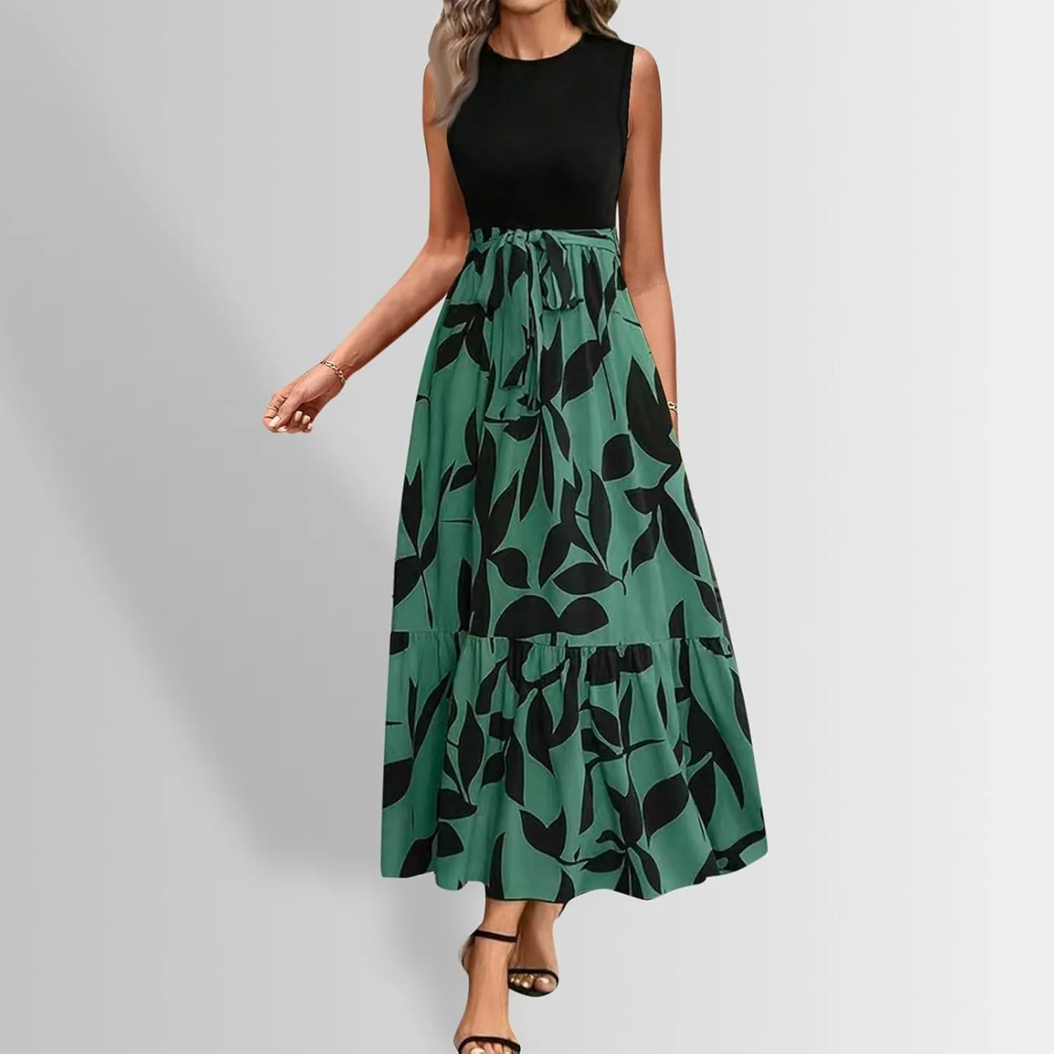 Finelylove Long Maxi Dresses for Women 2025 Boho Floral Tie Belted Patchwork Empire Waist Sleeveless Modest Flowy Dress