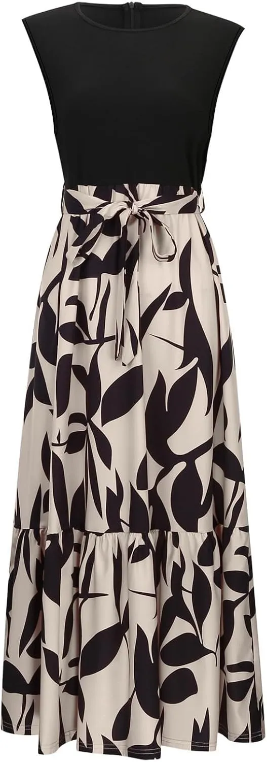 Finelylove Long Maxi Dresses for Women 2025 Boho Floral Tie Belted Patchwork Empire Waist Sleeveless Modest Flowy Dress