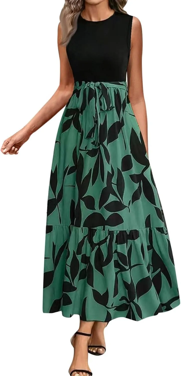 Finelylove Long Maxi Dresses for Women 2025 Boho Floral Tie Belted Patchwork Empire Waist Sleeveless Modest Flowy Dress