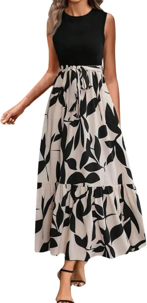 Finelylove Long Maxi Dresses for Women 2025 Boho Floral Tie Belted Patchwork Empire Waist Sleeveless Modest Flowy Dress