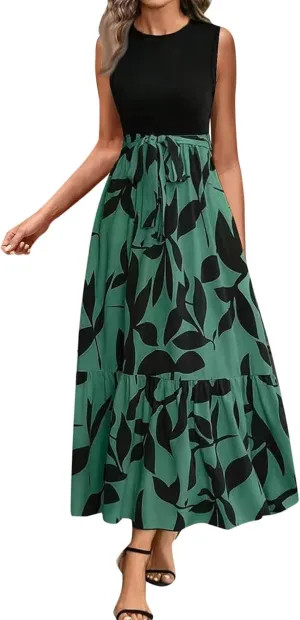Finelylove Long Maxi Dresses for Women 2025 Boho Floral Tie Belted Patchwork Empire Waist Sleeveless Modest Flowy Dress