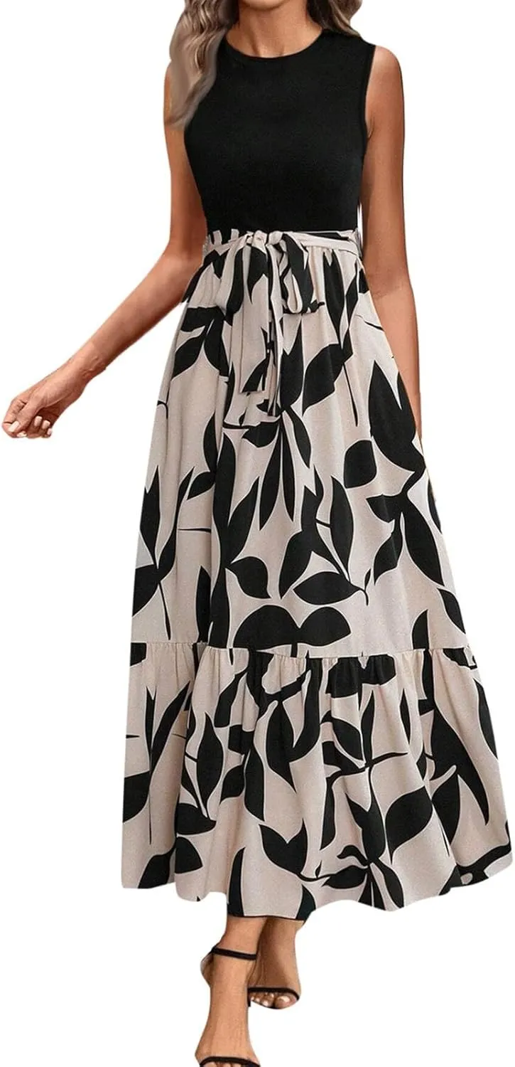 Finelylove Long Maxi Dresses for Women 2025 Boho Floral Tie Belted Patchwork Empire Waist Sleeveless Modest Flowy Dress