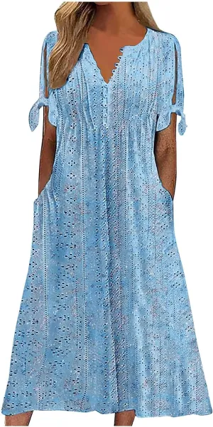 Finelylove Long Maxi Dresses for Women 2025 Trendy Floral Eyelet Short Sleeve Tshirt Dress Casual Boho Summer Beach Sundress