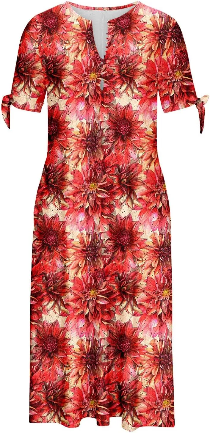 Finelylove Long Maxi Dresses for Women 2025 Trendy Floral Eyelet Short Sleeve Tshirt Dress Casual Boho Summer Beach Sundress