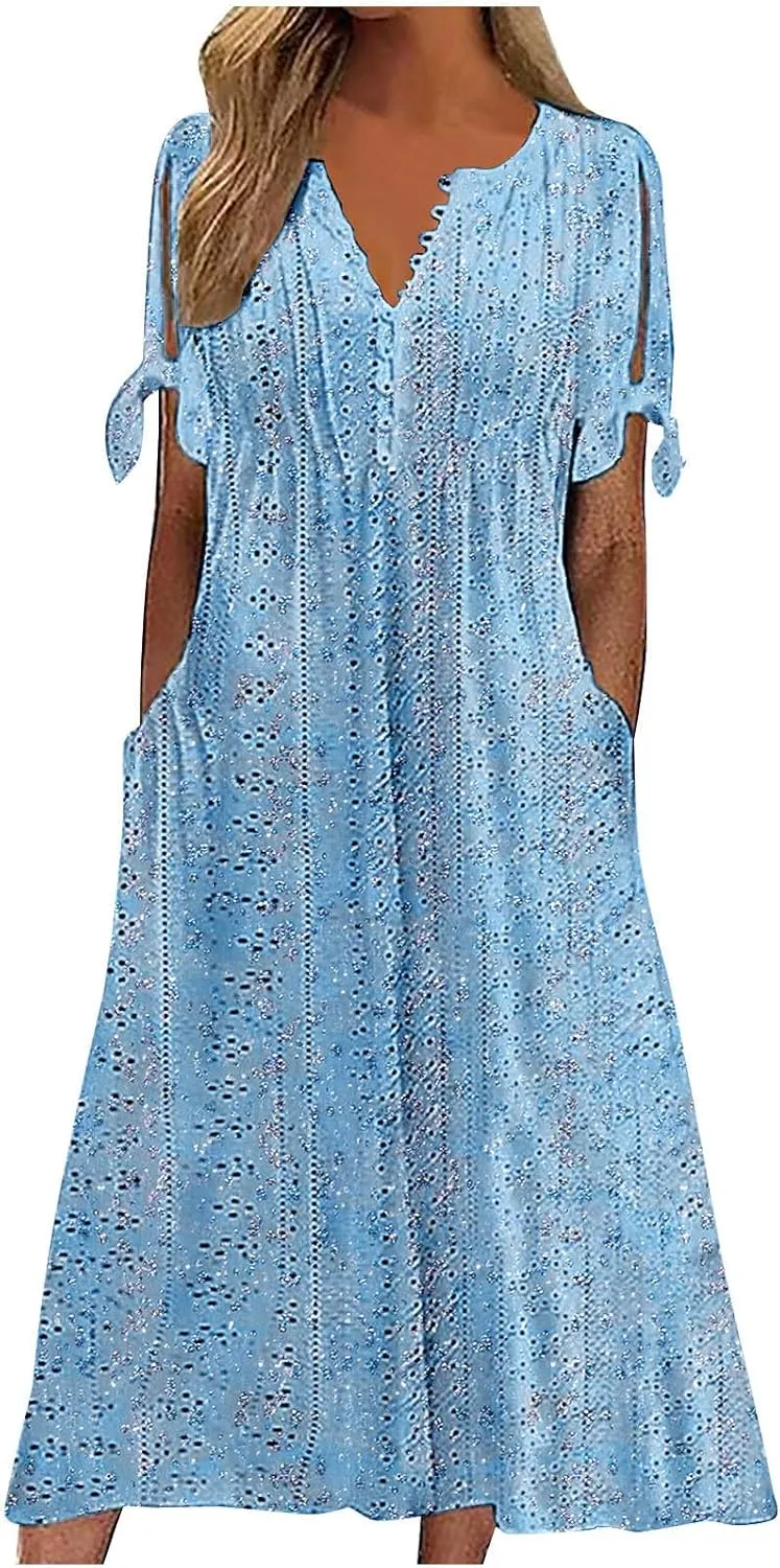 Finelylove Long Maxi Dresses for Women 2025 Trendy Floral Eyelet Short Sleeve Tshirt Dress Casual Boho Summer Beach Sundress
