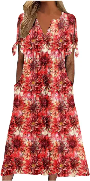 Finelylove Long Maxi Dresses for Women 2025 Trendy Floral Eyelet Short Sleeve Tshirt Dress Casual Boho Summer Beach Sundress