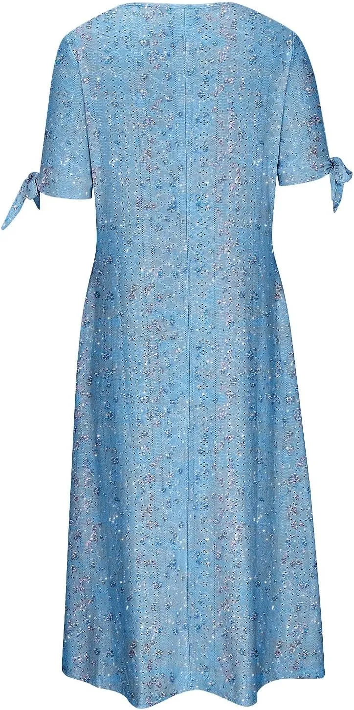 Finelylove Long Maxi Dresses for Women 2025 Trendy Floral Eyelet Short Sleeve Tshirt Dress Casual Boho Summer Beach Sundress