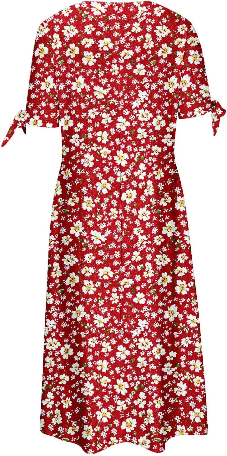 Finelylove Long Maxi Dresses for Women 2025 Trendy Floral Eyelet Short Sleeve Tshirt Dress Casual Boho Summer Beach Sundress