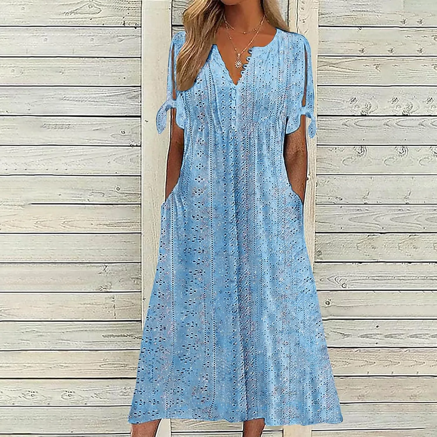 Finelylove Long Maxi Dresses for Women 2025 Trendy Floral Eyelet Short Sleeve Tshirt Dress Casual Boho Summer Beach Sundress