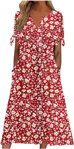 Finelylove Long Maxi Dresses for Women 2025 Trendy Floral Eyelet Short Sleeve Tshirt Dress Casual Boho Summer Beach Sundress