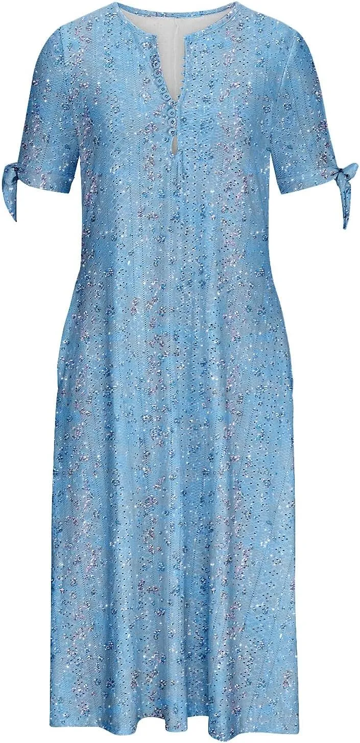 Finelylove Long Maxi Dresses for Women 2025 Trendy Floral Eyelet Short Sleeve Tshirt Dress Casual Boho Summer Beach Sundress