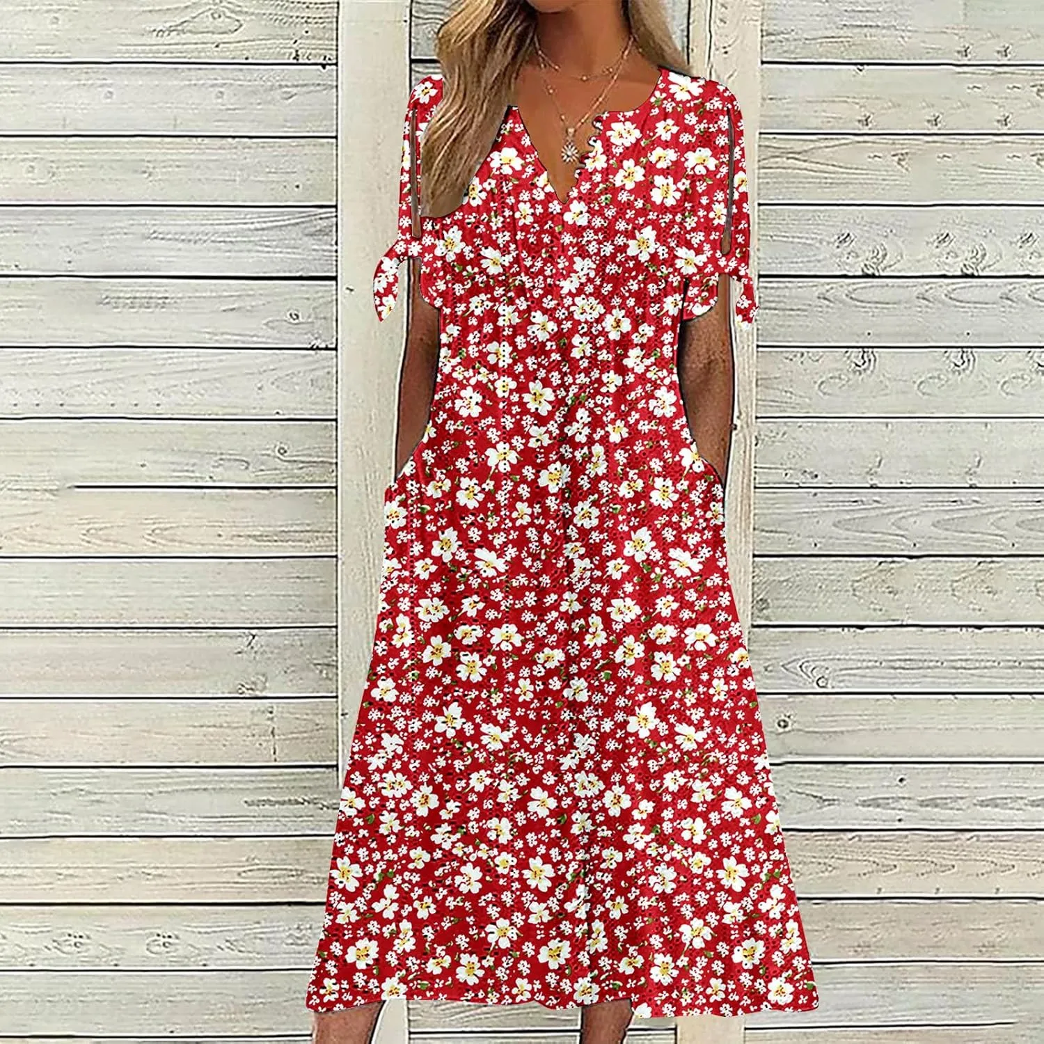 Finelylove Long Maxi Dresses for Women 2025 Trendy Floral Eyelet Short Sleeve Tshirt Dress Casual Boho Summer Beach Sundress