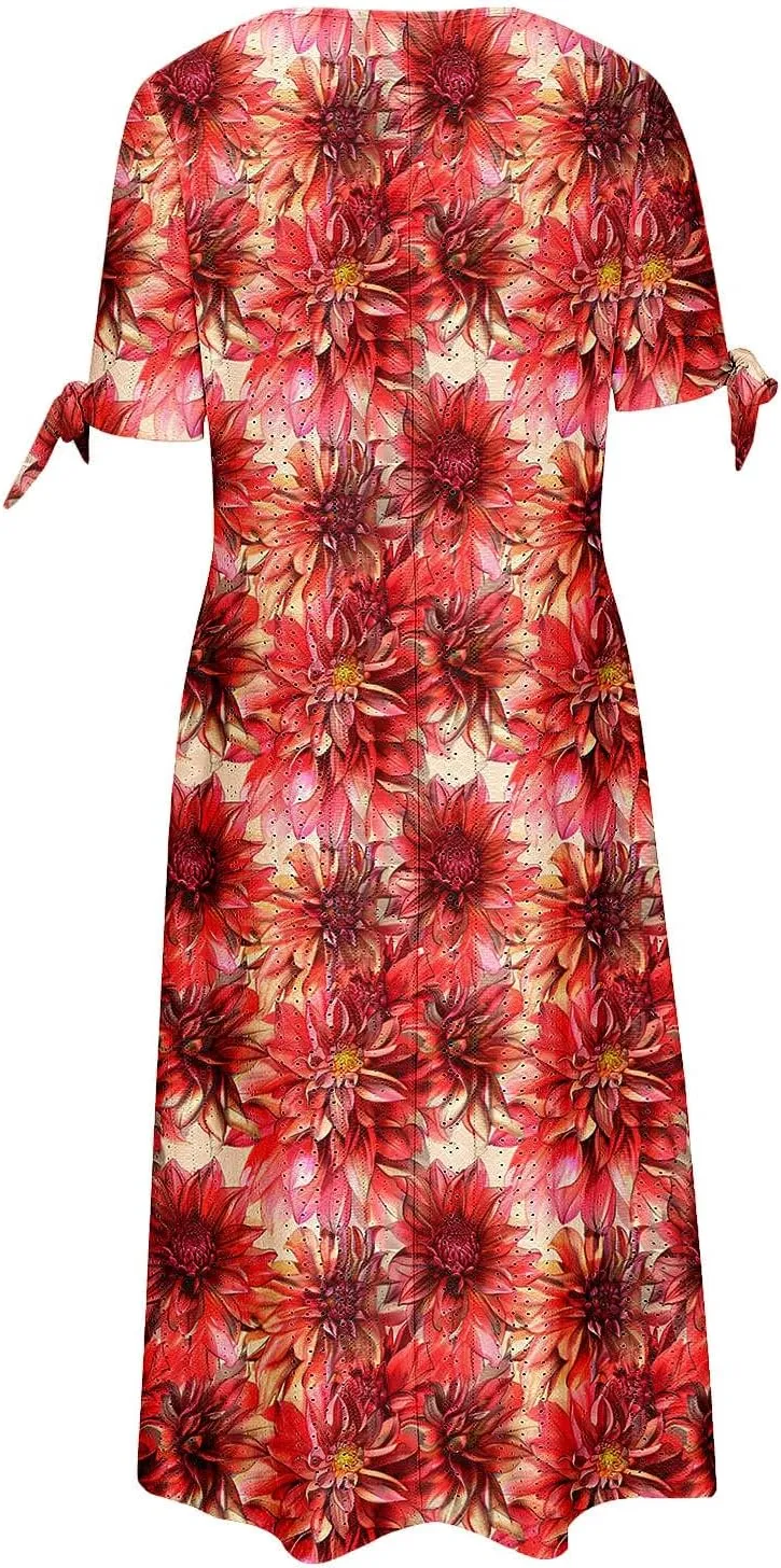 Finelylove Long Maxi Dresses for Women 2025 Trendy Floral Eyelet Short Sleeve Tshirt Dress Casual Boho Summer Beach Sundress