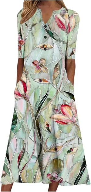 Finelylove Womens Maxi Dress Summer Casual Loose Boho Floral V Neck Short Sleeve Flowy Long Dresses Beach Vacation Outfits
