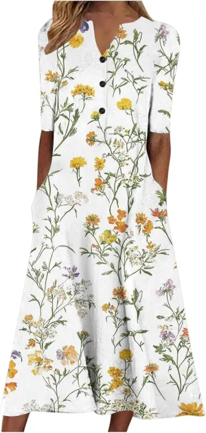Finelylove Womens Maxi Dress Summer Casual Loose Boho Floral V Neck Short Sleeve Flowy Long Dresses Beach Vacation Outfits