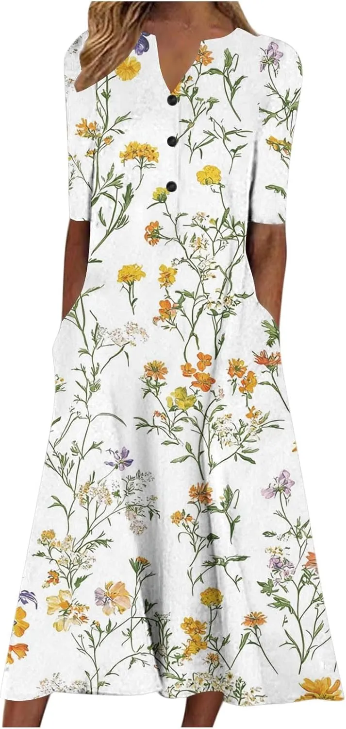 Finelylove Womens Maxi Dress Summer Casual Loose Boho Floral V Neck Short Sleeve Flowy Long Dresses Beach Vacation Outfits