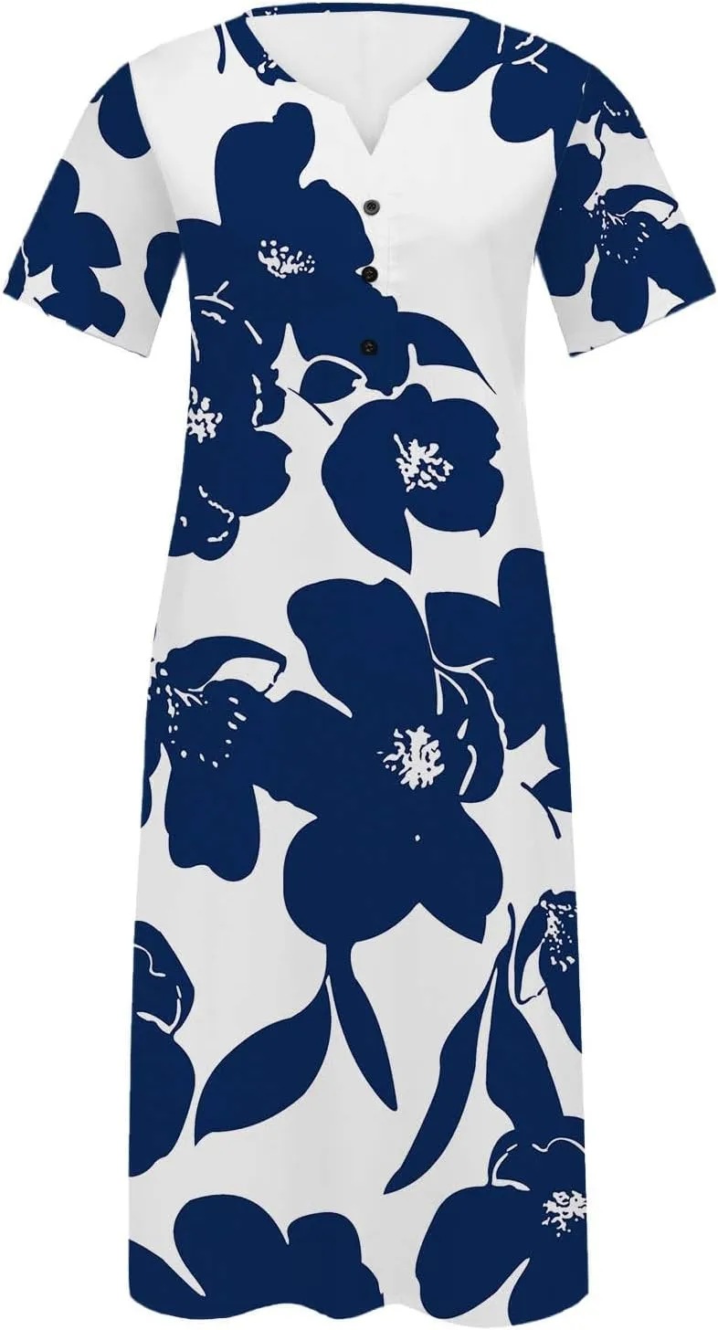 Finelylove Womens Maxi Dress Summer Casual Loose Boho Floral V Neck Short Sleeve Flowy Long Dresses Beach Vacation Outfits