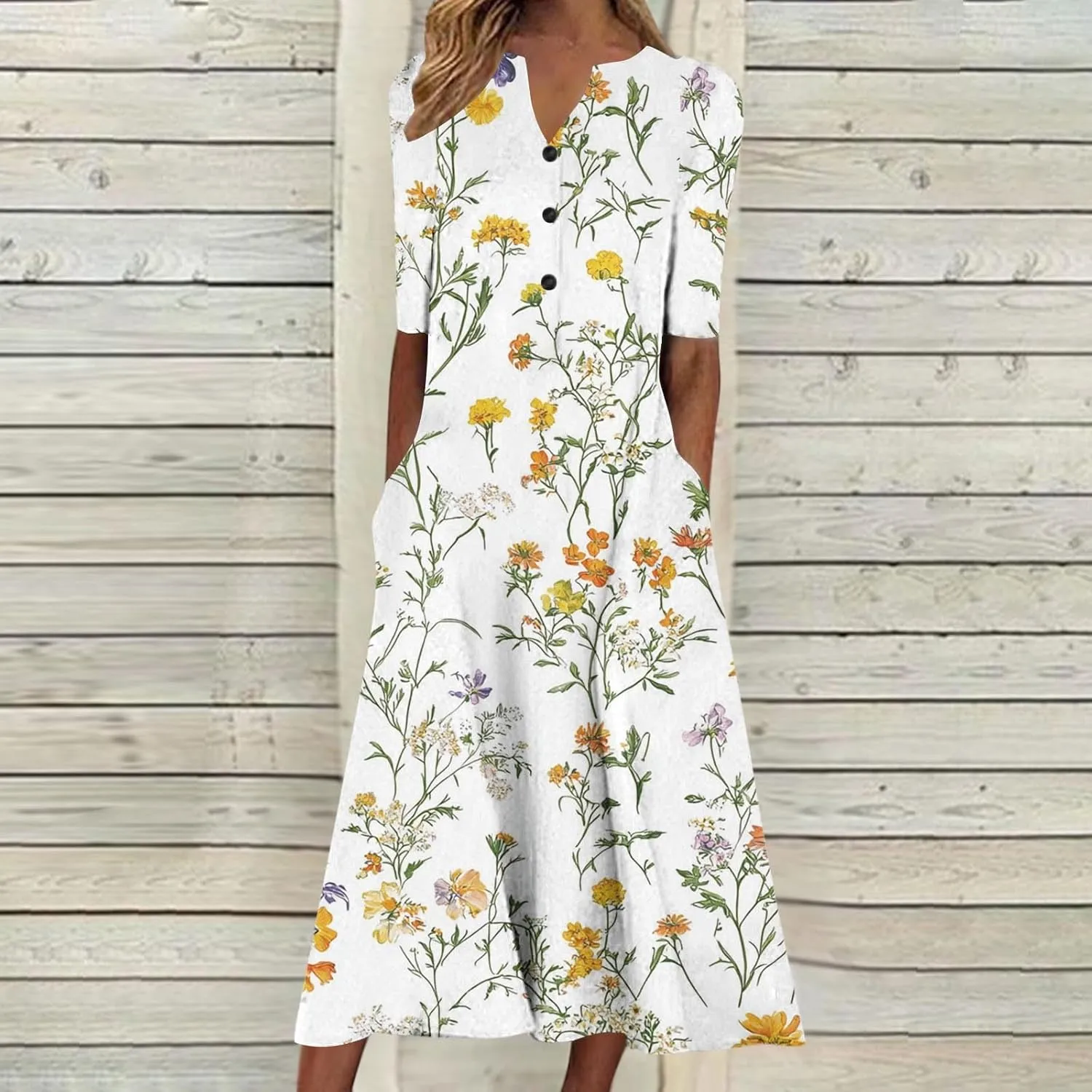 Finelylove Womens Maxi Dress Summer Casual Loose Boho Floral V Neck Short Sleeve Flowy Long Dresses Beach Vacation Outfits
