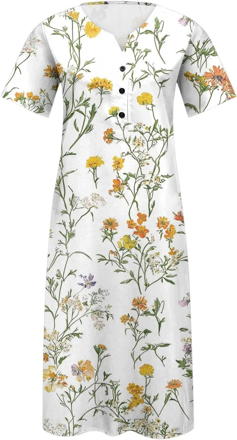 Finelylove Womens Maxi Dress Summer Casual Loose Boho Floral V Neck Short Sleeve Flowy Long Dresses Beach Vacation Outfits