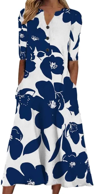 Finelylove Womens Maxi Dress Summer Casual Loose Boho Floral V Neck Short Sleeve Flowy Long Dresses Beach Vacation Outfits