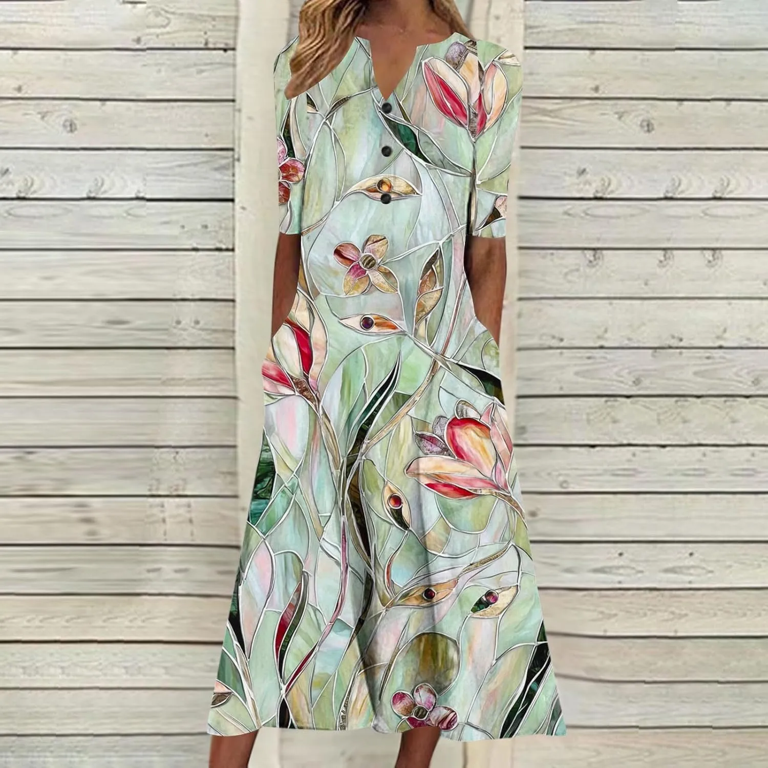 Finelylove Womens Maxi Dress Summer Casual Loose Boho Floral V Neck Short Sleeve Flowy Long Dresses Beach Vacation Outfits