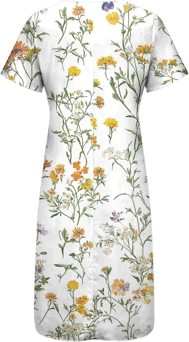 Finelylove Womens Maxi Dress Summer Casual Loose Boho Floral V Neck Short Sleeve Flowy Long Dresses Beach Vacation Outfits