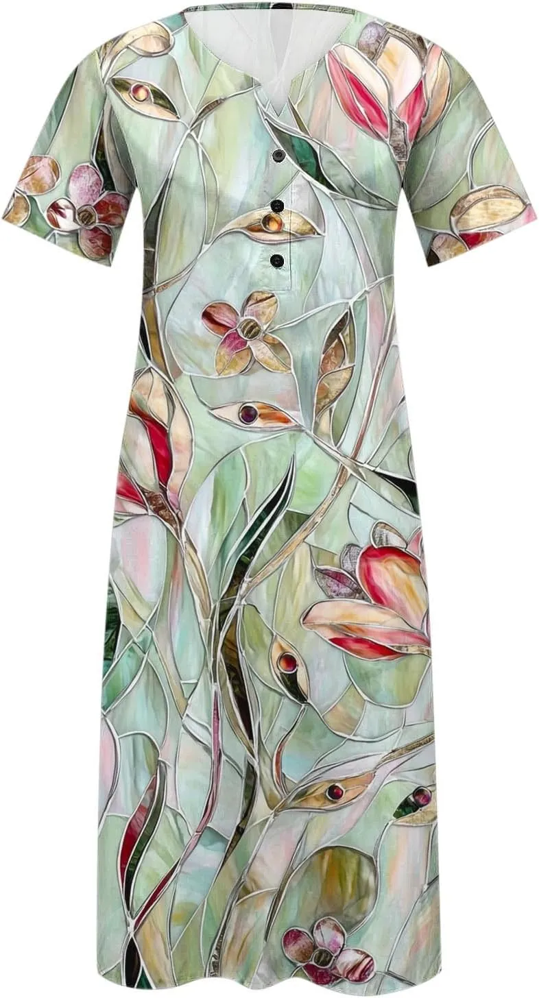 Finelylove Womens Maxi Dress Summer Casual Loose Boho Floral V Neck Short Sleeve Flowy Long Dresses Beach Vacation Outfits