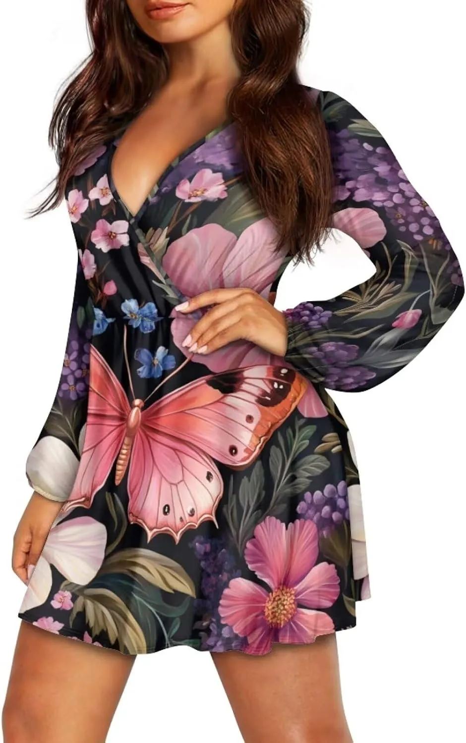 Flashideas Women's Multicolor Casual Maxi Dress, Polyester, V-Neck, Long Sleeve, High Waist, Swing, Size S-XL