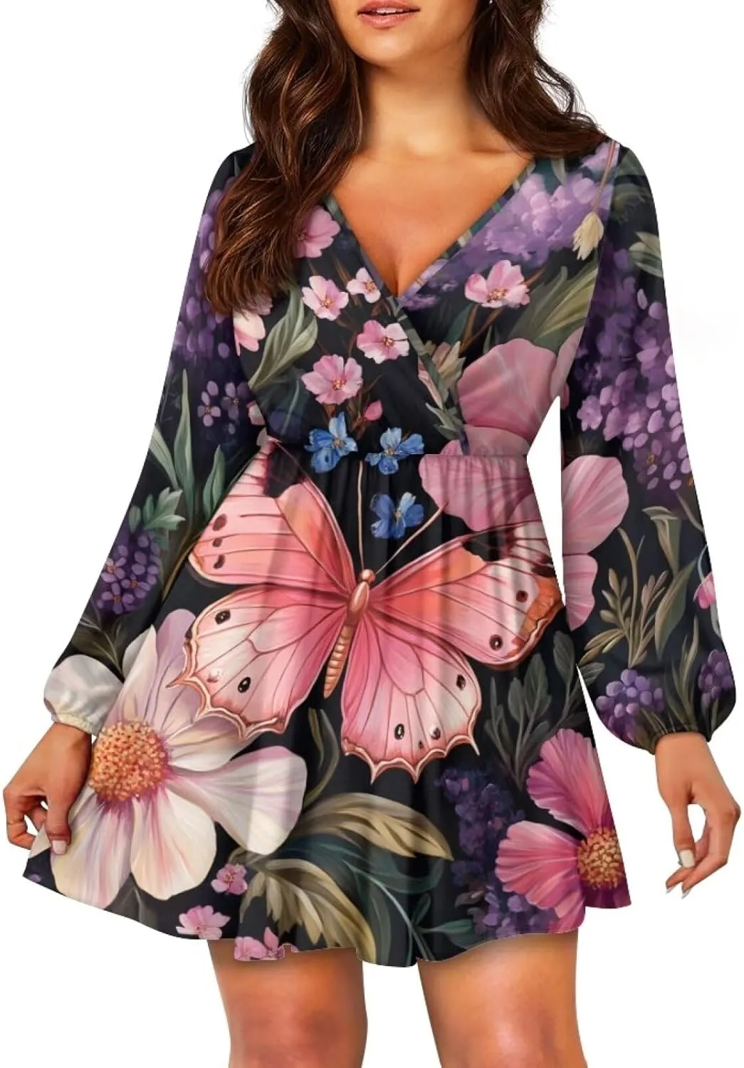 Flashideas Women's Multicolor Casual Maxi Dress, Polyester, V-Neck, Long Sleeve, High Waist, Swing, Size S-XL