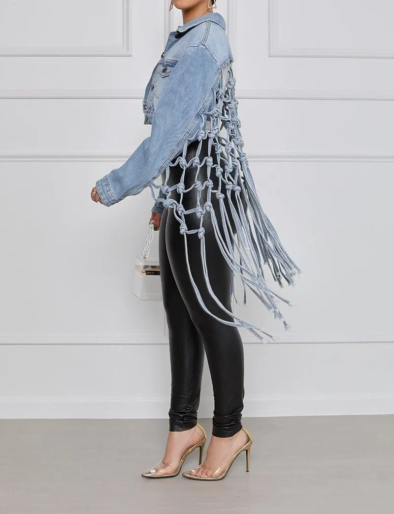 Fronage Women's Fringe Denim Jacket Casual Button Down Long Sleeve Cropped Jean Coat Fashion Back Knotted Long Jean Jacket