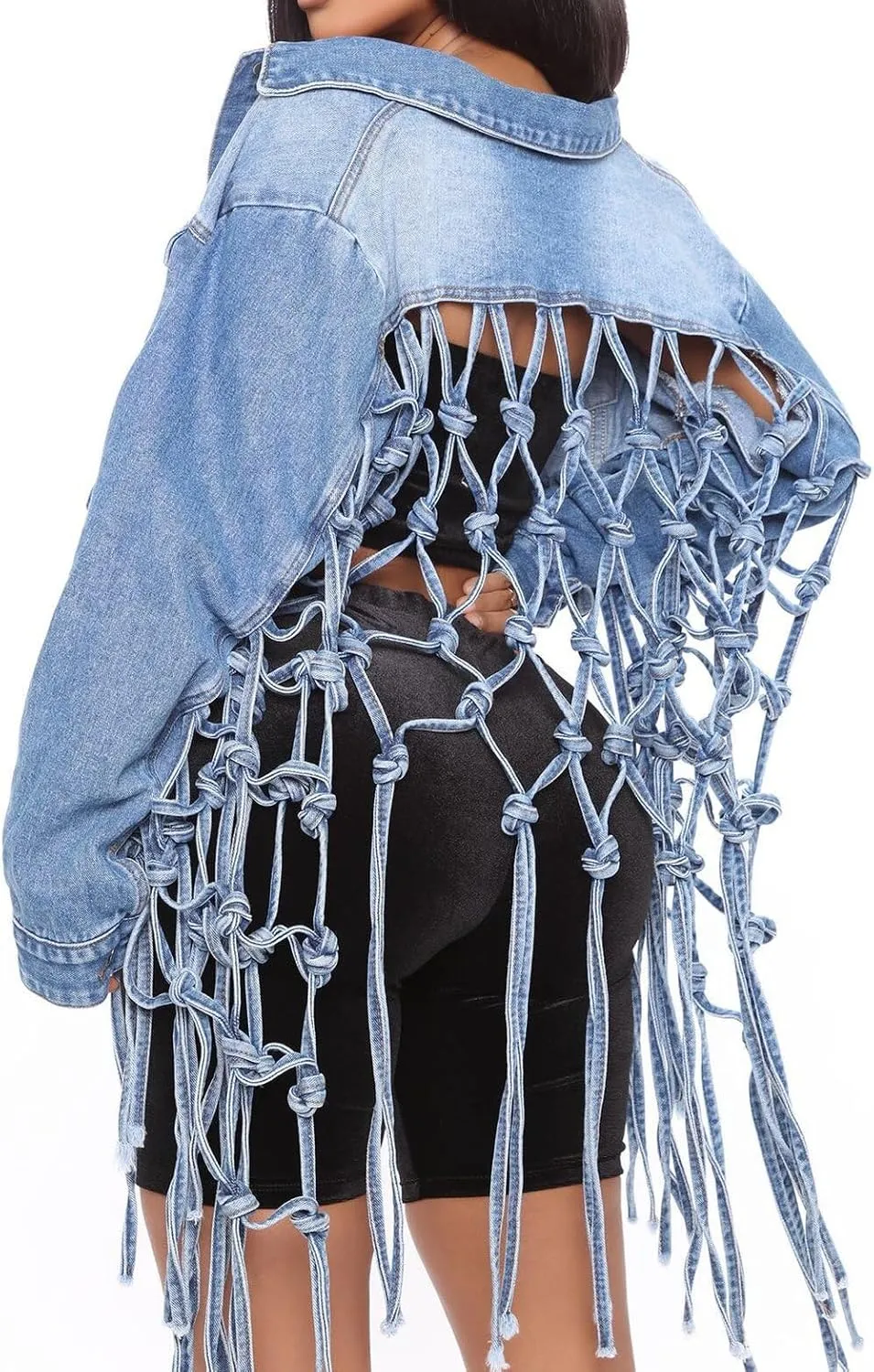 Fronage Women's Fringe Denim Jacket Casual Button Down Long Sleeve Cropped Jean Coat Fashion Back Knotted Long Jean Jacket