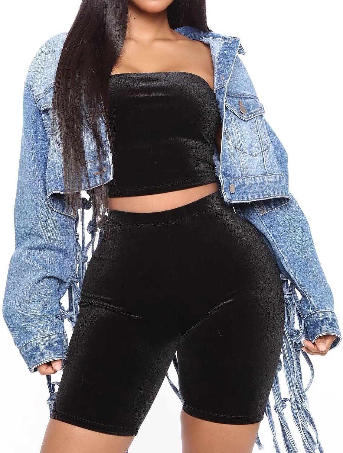 Fronage Women's Fringe Denim Jacket Casual Button Down Long Sleeve Cropped Jean Coat Fashion Back Knotted Long Jean Jacket