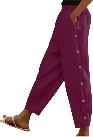 FZYLQY Linen Pants for Women 2025 High Waisted Wide Leg Trousers Trendy Striped Side Button Elastic Waist Summer Gauze Pants