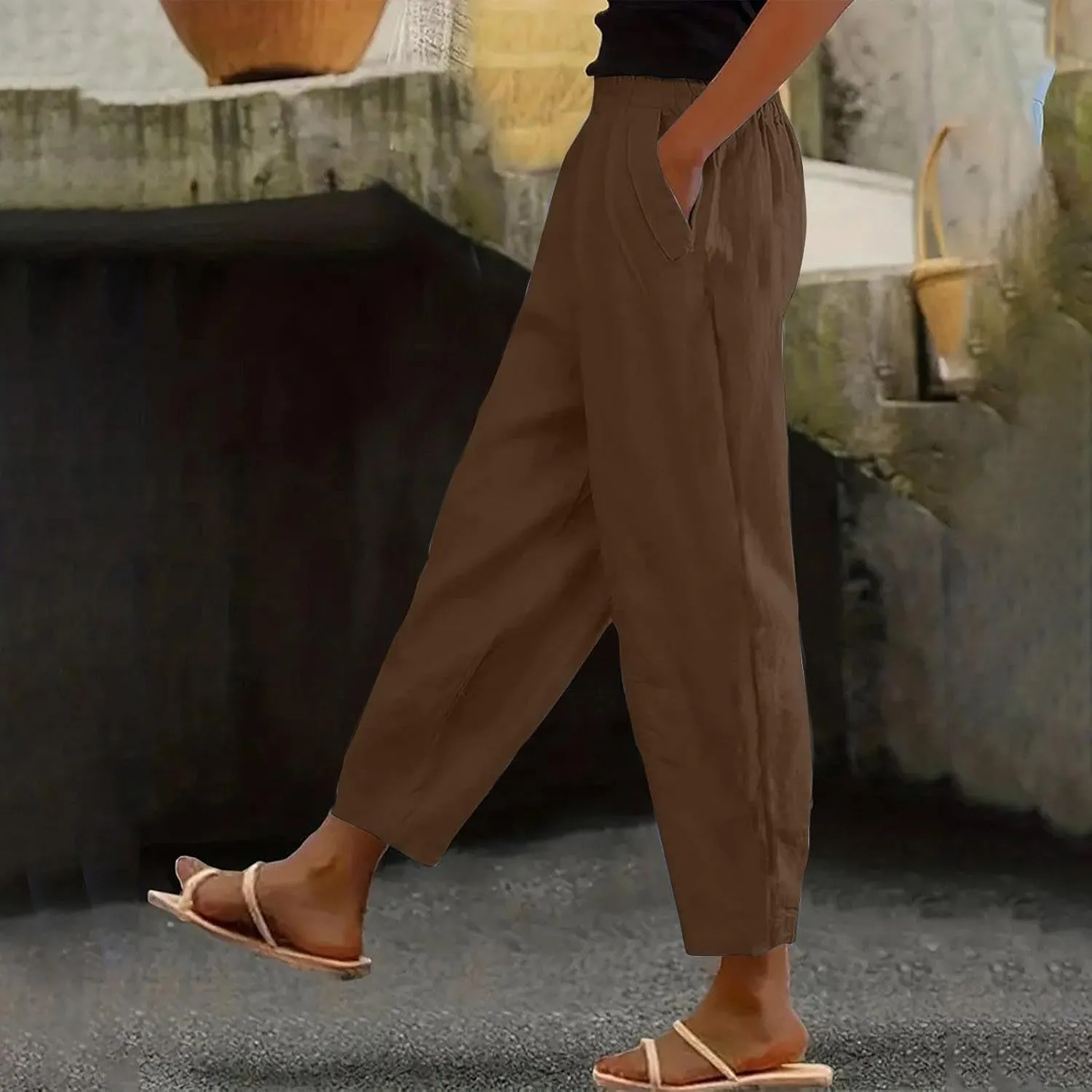 FZYLQY Linen Pants for Women Casual Elastic High Waist Linen Pants Wide Leg Plus Size Lounge Trendy Trousers with Pockets