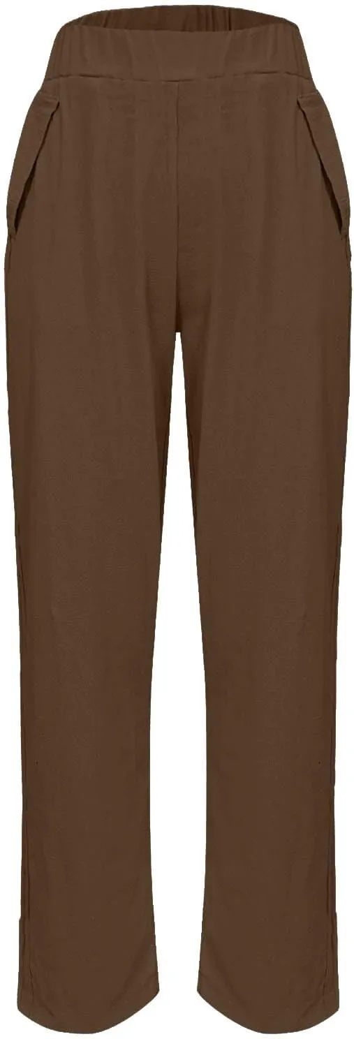 FZYLQY Linen Pants for Women Casual Elastic High Waist Linen Pants Wide Leg Plus Size Lounge Trendy Trousers with Pockets