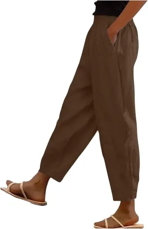 FZYLQY Linen Pants for Women Casual Elastic High Waist Linen Pants Wide Leg Plus Size Lounge Trendy Trousers with Pockets