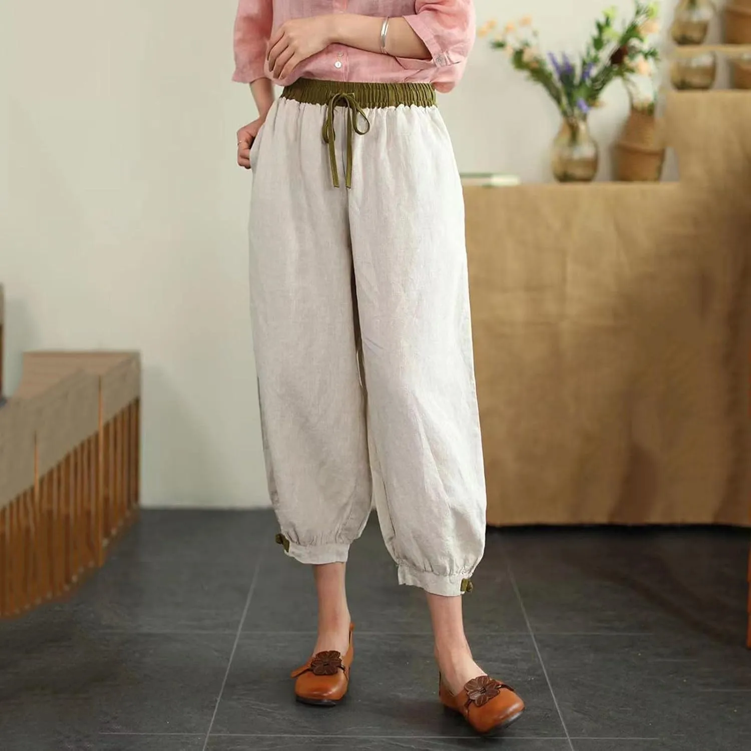 FZYLQY Linen Pants for Women Summer 2025 Casual Elastic Waist Trousers Relax Fit Comfy Palazzo Wide Leg Pants Sweatpants