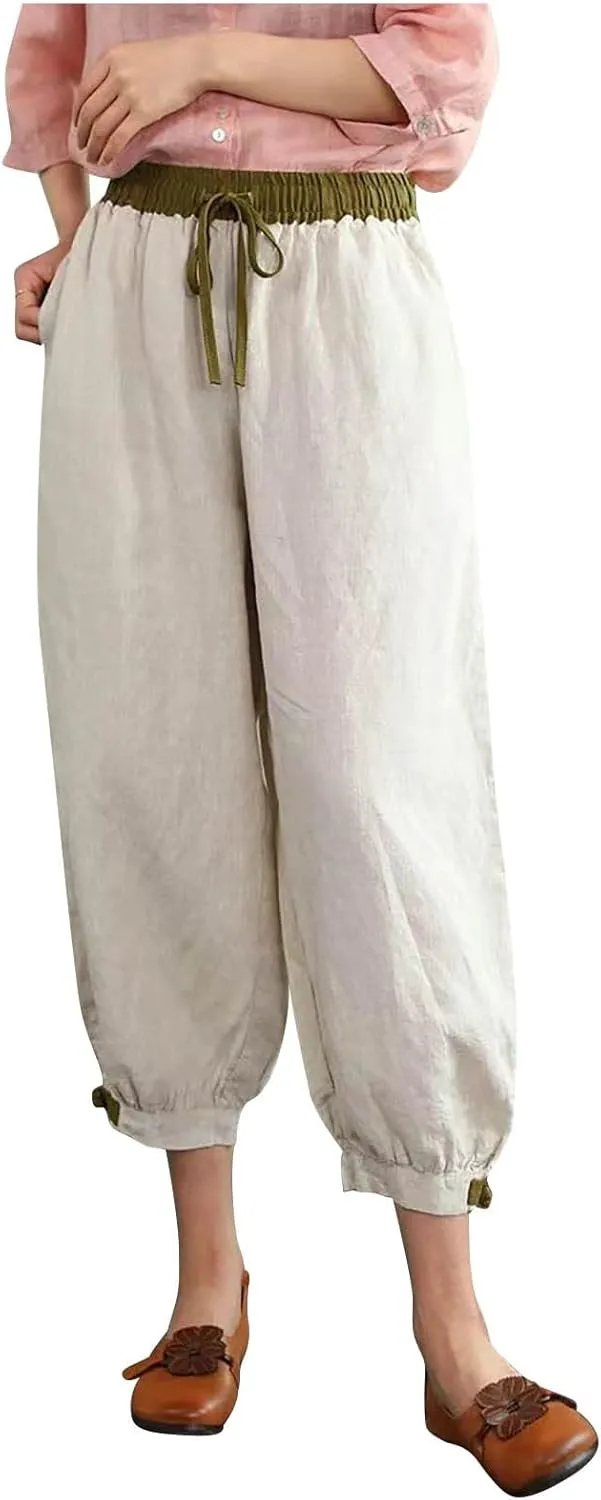 FZYLQY Linen Pants for Women Summer 2025 Casual Elastic Waist Trousers Relax Fit Comfy Palazzo Wide Leg Pants Sweatpants