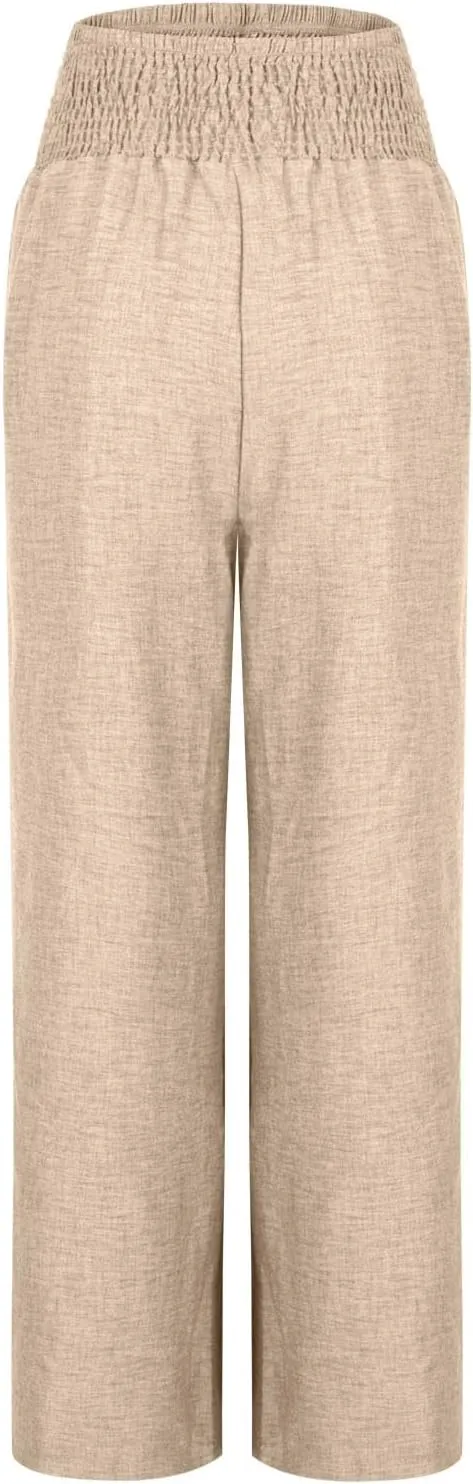 FZYLQY Linen Pants Womens Wide Leg High Waisted Palazzo Pants Belted Wide Leg Trousers with Pockets Casual Beach Trousers
