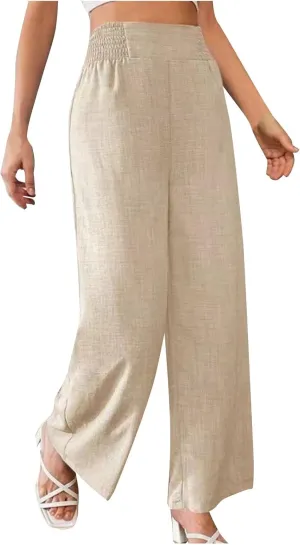 FZYLQY Linen Pants Womens Wide Leg High Waisted Palazzo Pants Belted Wide Leg Trousers with Pockets Casual Beach Trousers