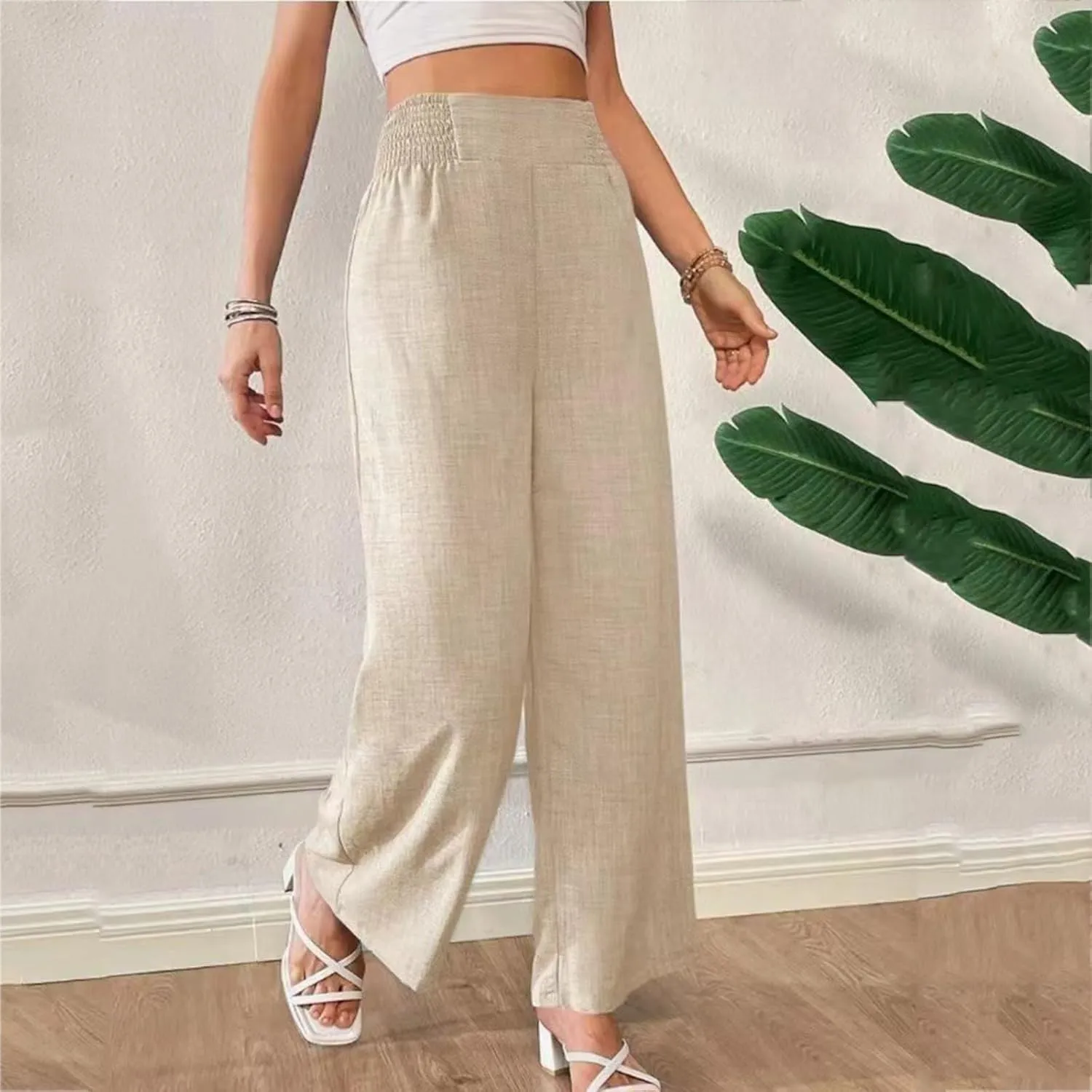 FZYLQY Linen Pants Womens Wide Leg High Waisted Palazzo Pants Belted Wide Leg Trousers with Pockets Casual Beach Trousers