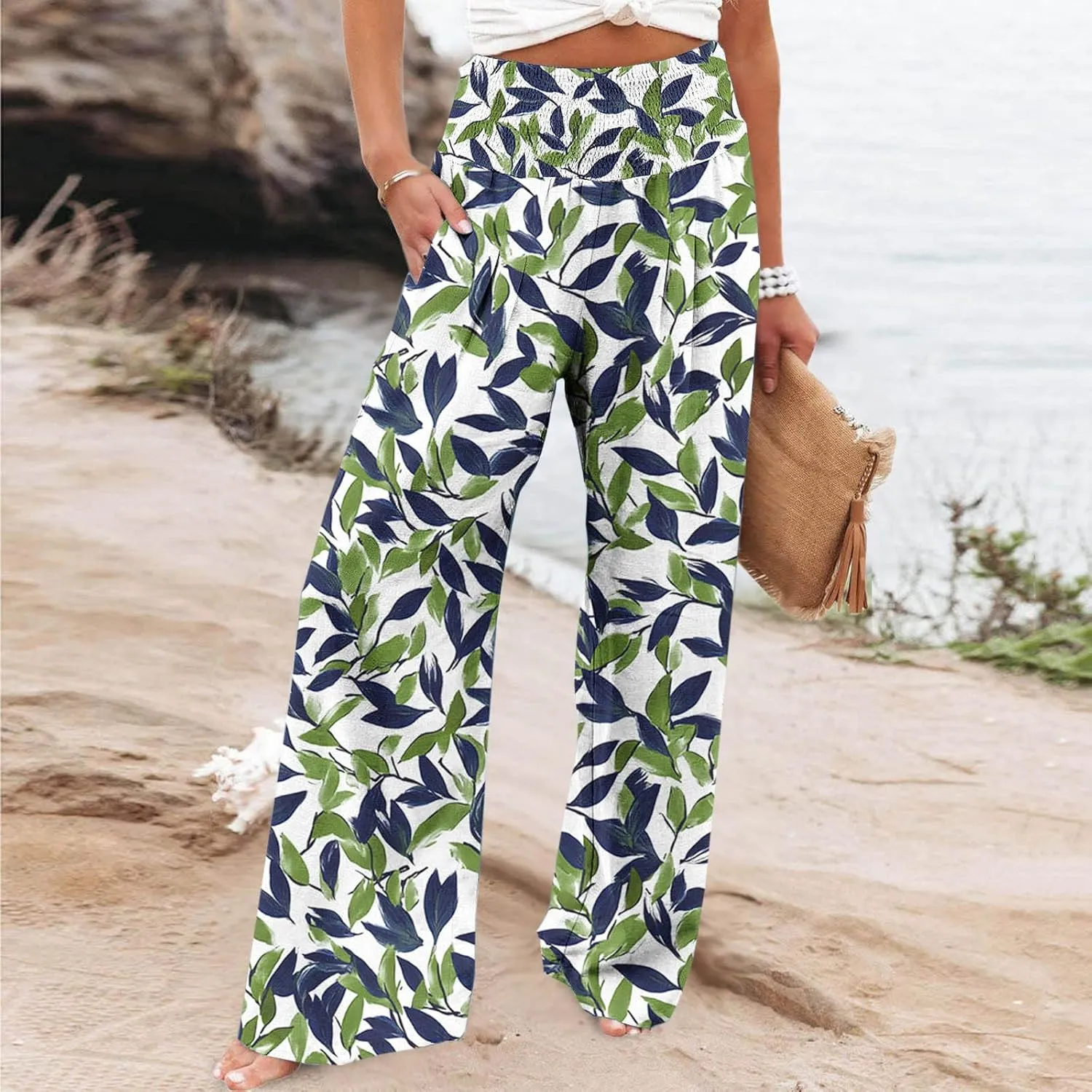 FZYLQY Wide Leg Pants for Women Dressy Button High Waisted Business Pants Summer Casual Work Beach Pants Trousers with Pocket