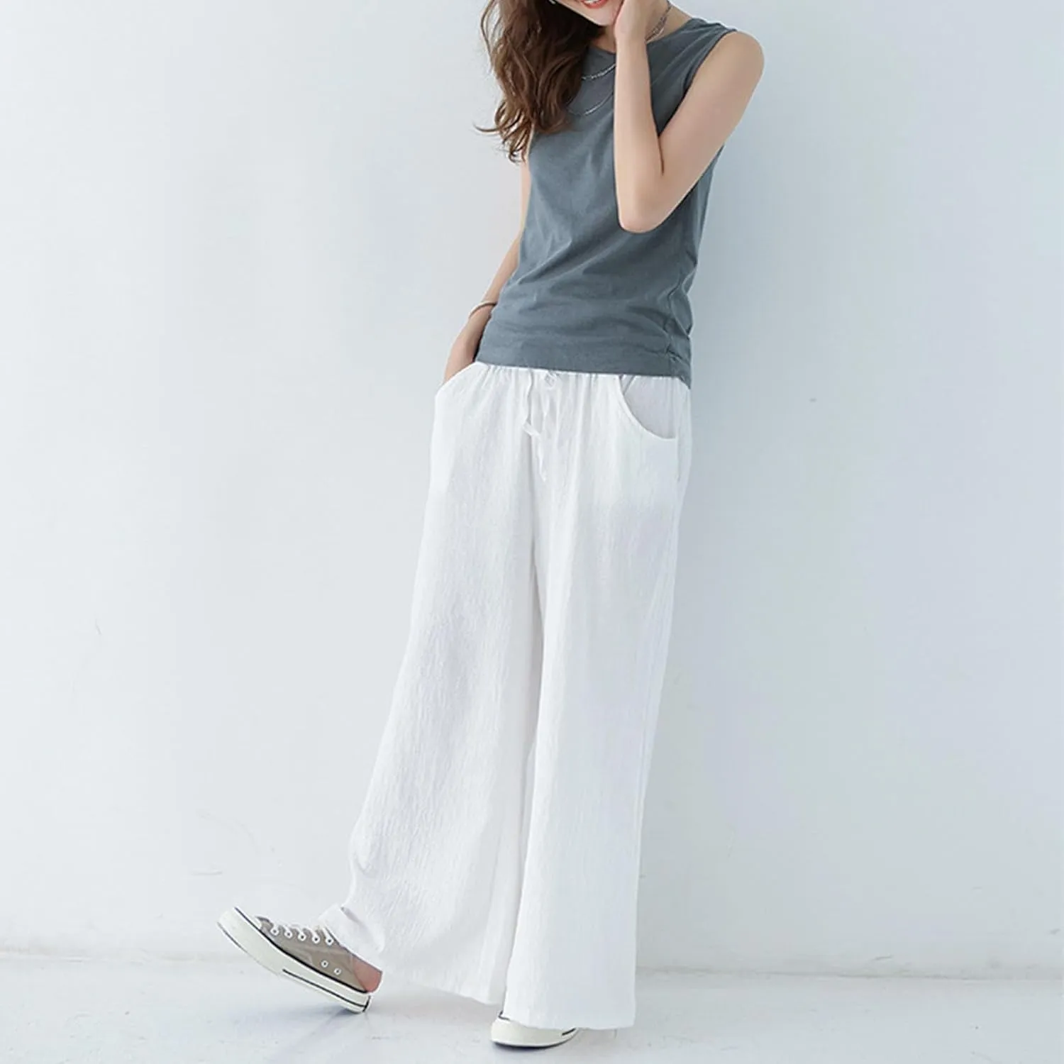 FZYLQY Women Drawstring Summer Linen Palazzo Pants Boho High Waisted Wide Leg Casual Long Lounge Pant Trousers with Pockets