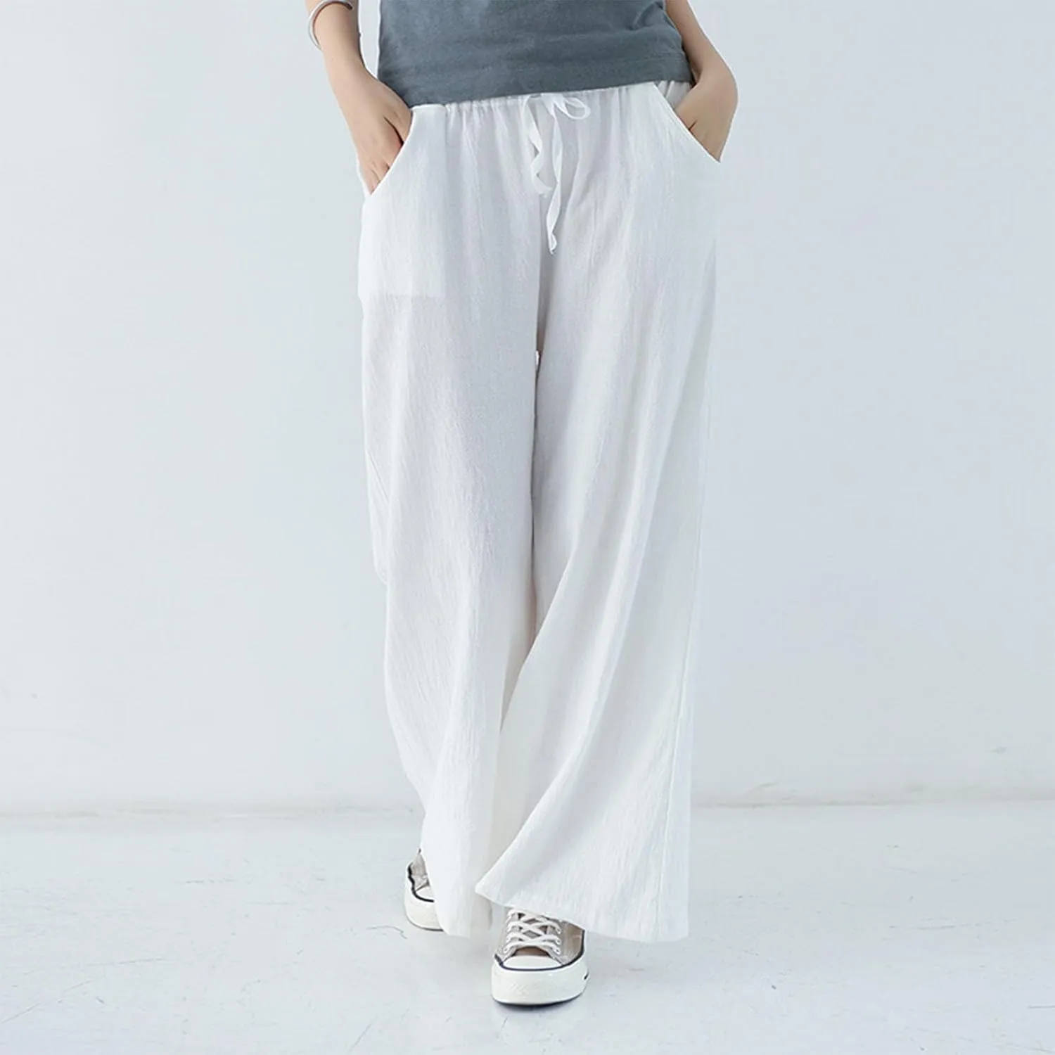 FZYLQY Women Drawstring Summer Linen Palazzo Pants Boho High Waisted Wide Leg Casual Long Lounge Pant Trousers with Pockets