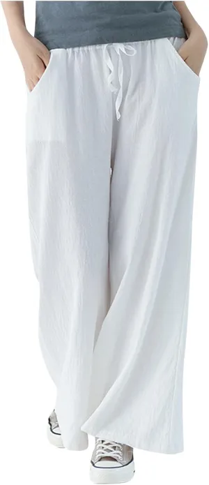 FZYLQY Women Drawstring Summer Linen Palazzo Pants Boho High Waisted Wide Leg Casual Long Lounge Pant Trousers with Pockets