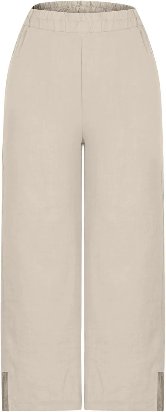 FZYLQY Women Summer Flowy Cotton Linen Palazzo Wide Leg Pants Beach High Waisted Trousers Vocation Solid Long Lounge Pants