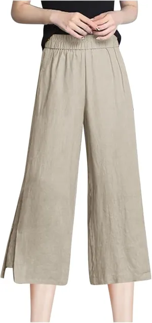 FZYLQY Women Summer Flowy Cotton Linen Palazzo Wide Leg Pants Beach High Waisted Trousers Vocation Solid Long Lounge Pants